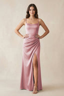 Spaghetti Strap Ruched Sheath Satin Bridesmaid Dress in Toffee - KissProm Bridesmaid Dresses