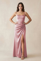 Spaghetti Strap Ruched Sheath Satin Bridesmaid Dress in Toffee - KissProm Bridesmaid Dresses