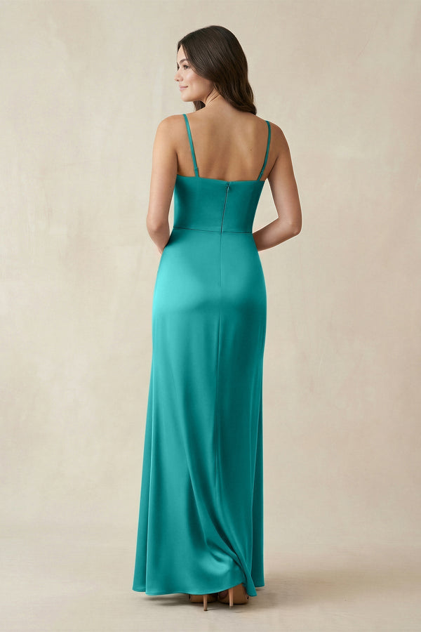 Spaghetti Strap Ruched Sheath Satin Bridesmaid Dress in Turquoise - KissProm Bridesmaid Dresses
