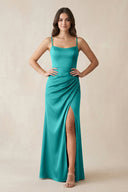 Spaghetti Strap Ruched Sheath Satin Bridesmaid Dress in Turquoise - KissProm Bridesmaid Dresses