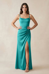 Spaghetti Strap Ruched Sheath Satin Bridesmaid Dress in Turquoise - KissProm Bridesmaid Dresses