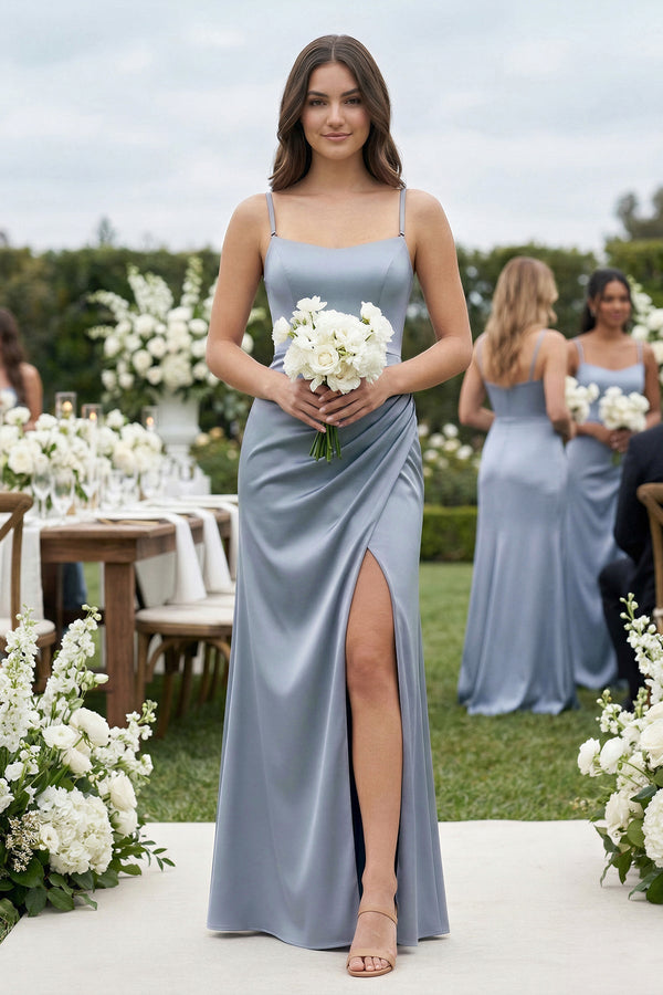 Spaghetti Strap Ruched Sheath Satin Bridesmaid Dress in Twilight - KissProm Bridesmaid Dresses