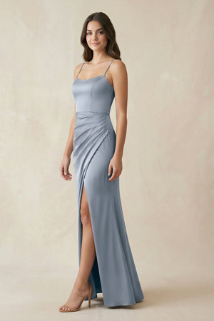 Spaghetti Strap Ruched Sheath Satin Bridesmaid Dress in Twilight - KissProm Bridesmaid Dresses