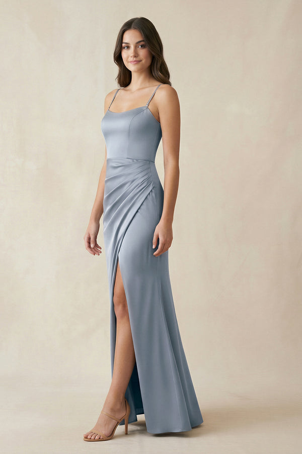 Spaghetti Strap Ruched Sheath Satin Bridesmaid Dress in Twilight - KissProm Bridesmaid Dresses