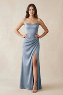 Spaghetti Strap Ruched Sheath Satin Bridesmaid Dress in Twilight - KissProm Bridesmaid Dresses