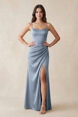Spaghetti Strap Ruched Sheath Satin Bridesmaid Dress in Twilight - KissProm Bridesmaid Dresses