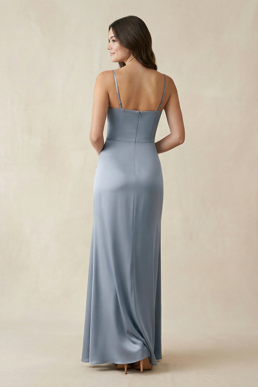 Spaghetti Strap Ruched Sheath Satin Bridesmaid Dress in Twilight - KissProm Bridesmaid Dresses