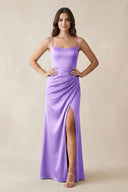 Spaghetti Strap Ruched Sheath Satin Bridesmaid Dress in Vintage Mauve - KissProm Bridesmaid Dresses
