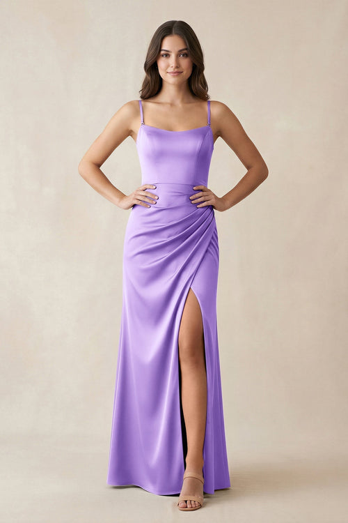 Spaghetti Strap Ruched Sheath Satin Bridesmaid Dress in Vintage Mauve - KissProm Bridesmaid Dresses