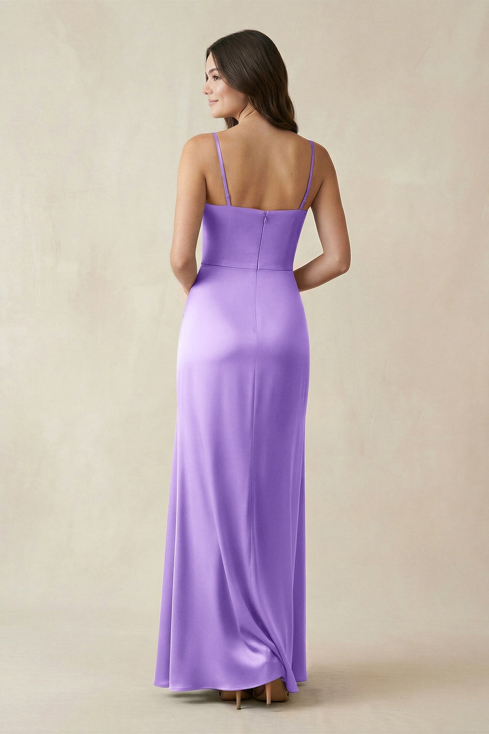 Spaghetti Strap Ruched Sheath Satin Bridesmaid Dress in Vintage Mauve - KissProm Bridesmaid Dresses