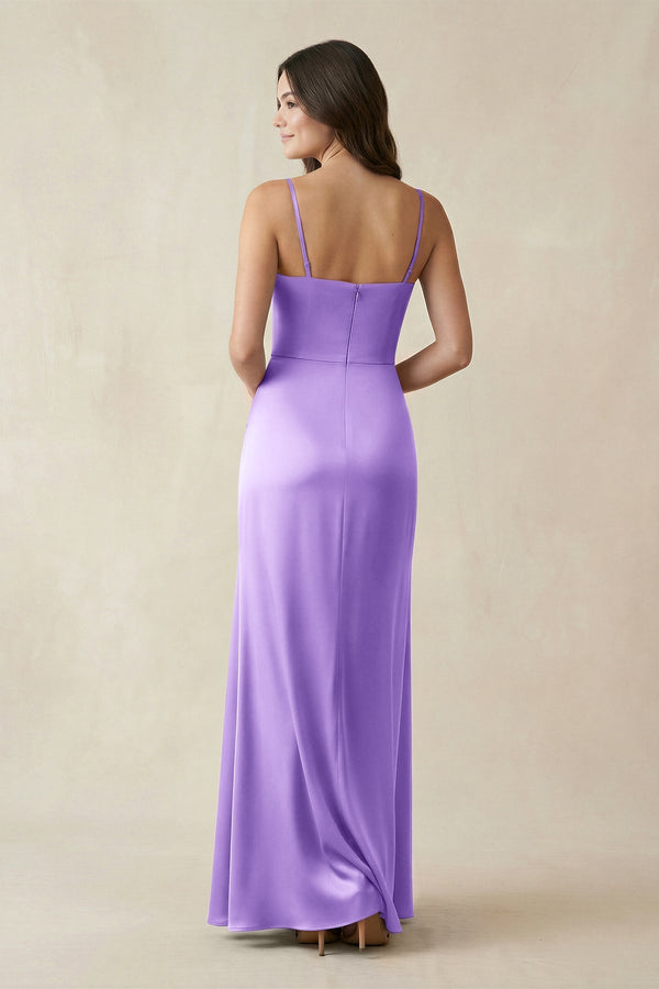 Spaghetti Strap Ruched Sheath Satin Bridesmaid Dress in Vintage Mauve - KissProm Bridesmaid Dresses