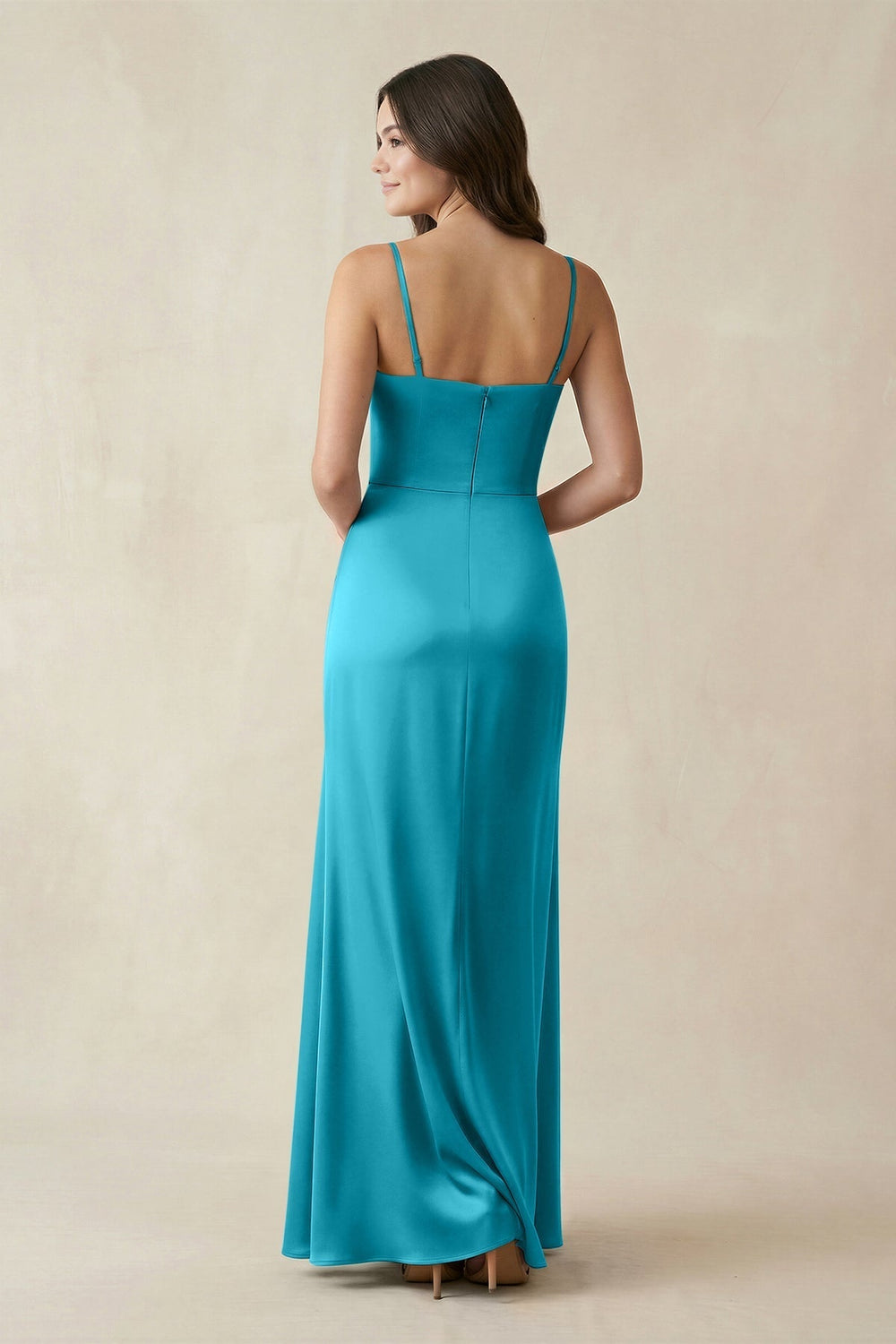 Spaghetti Strap Ruched Sheath Satin Bridesmaid Dress in Viridian Green - KissProm Bridesmaid Dresses