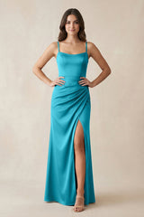 Spaghetti Strap Ruched Sheath Satin Bridesmaid Dress in Viridian Green - KissProm Bridesmaid Dresses