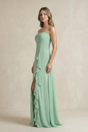 Spaghetti Strap Ruffled A-Line Chiffon Bridesmaid Dress in Pale Pistachio - KissProm BRIDESMAID DRESSES