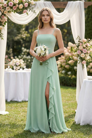 Spaghetti Strap Ruffled A-Line Chiffon Bridesmaid Dress in Pale Pistachio - KissProm BRIDESMAID DRESSES