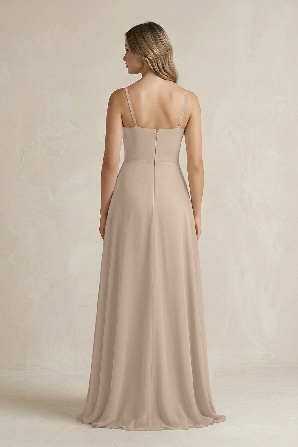Spaghetti Strap Ruffled A - Line Chiffon Bridesmaid Dress in Almond - KissProm Bridesmaid Dresses