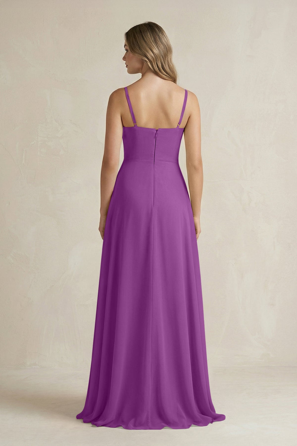 Spaghetti Strap Ruffled A - Line Chiffon Bridesmaid Dress in Amethyst - KissProm Bridesmaid Dresses