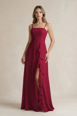 Spaghetti Strap Ruffled A - Line Chiffon Bridesmaid Dress in Berry - KissProm Bridesmaid Dresses