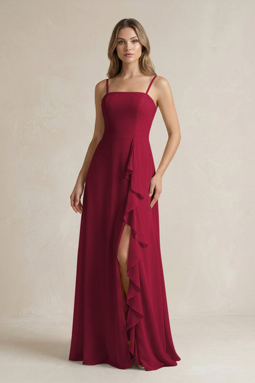 Spaghetti Strap Ruffled A - Line Chiffon Bridesmaid Dress in Berry - KissProm Bridesmaid Dresses