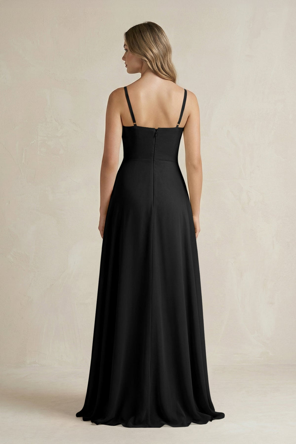 Spaghetti Strap Ruffled A - Line Chiffon Bridesmaid Dress in Black - KissProm Bridesmaid Dresses