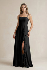 Spaghetti Strap Ruffled A - Line Chiffon Bridesmaid Dress in Black - KissProm Bridesmaid Dresses