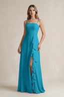 Spaghetti Strap Ruffled A - Line Chiffon Bridesmaid Dress in Blue Jay - KissProm Bridesmaid Dresses
