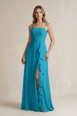 Spaghetti Strap Ruffled A - Line Chiffon Bridesmaid Dress in Blue Jay - KissProm Bridesmaid Dresses