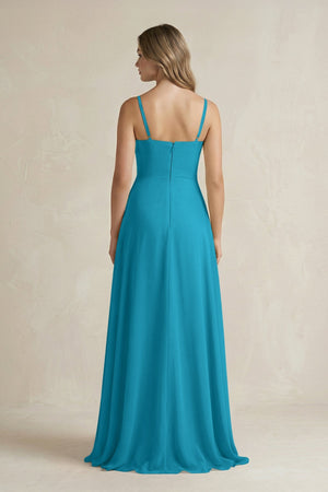 Spaghetti Strap Ruffled A - Line Chiffon Bridesmaid Dress in Blue Jay - KissProm Bridesmaid Dresses