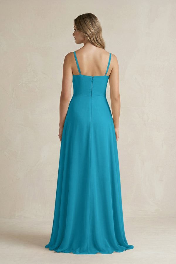 Spaghetti Strap Ruffled A - Line Chiffon Bridesmaid Dress in Blue Jay - KissProm Bridesmaid Dresses