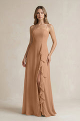Spaghetti Strap Ruffled A - Line Chiffon Bridesmaid Dress in Bronzer - KissProm Bridesmaid Dresses