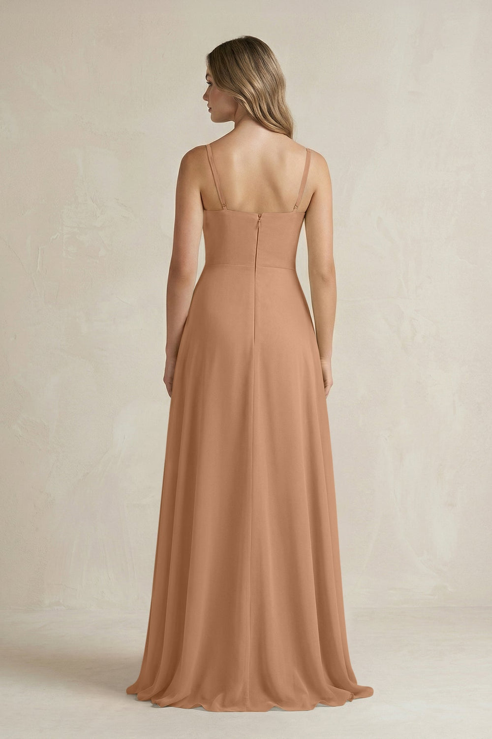 Spaghetti Strap Ruffled A - Line Chiffon Bridesmaid Dress in Bronzer - KissProm Bridesmaid Dresses