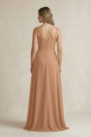 Spaghetti Strap Ruffled A - Line Chiffon Bridesmaid Dress in Bronzer - KissProm Bridesmaid Dresses