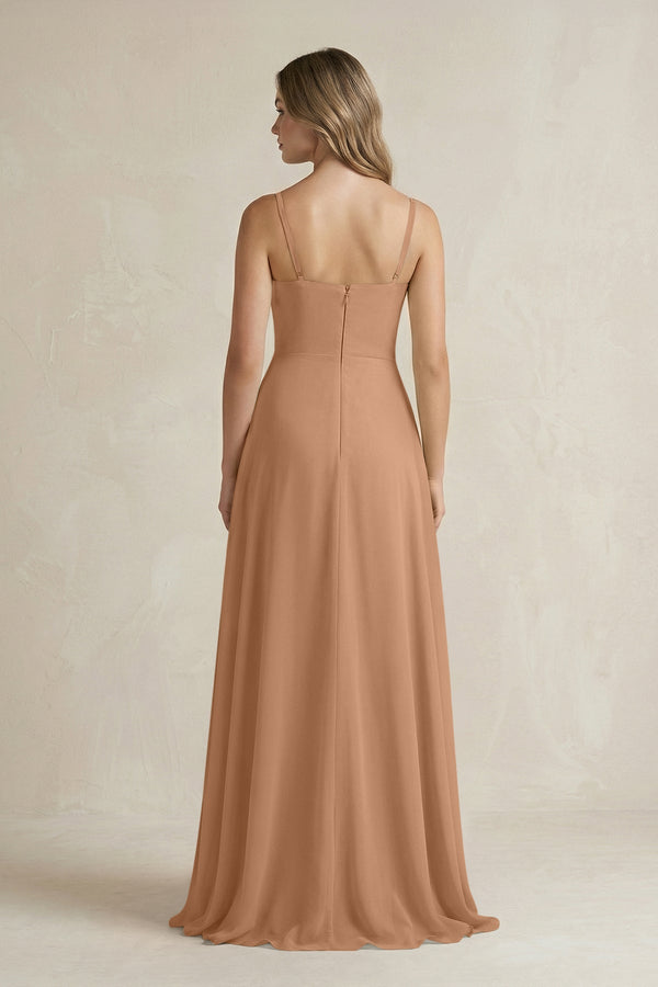 Spaghetti Strap Ruffled A - Line Chiffon Bridesmaid Dress in Bronzer - KissProm Bridesmaid Dresses