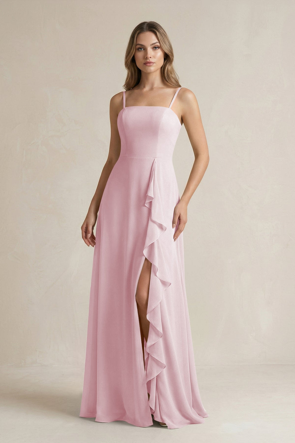 Spaghetti Strap Ruffled A - Line Chiffon Bridesmaid Dress in Candy Pink - KissProm Bridesmaid Dresses