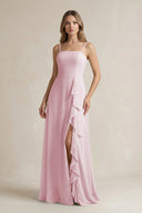 Spaghetti Strap Ruffled A - Line Chiffon Bridesmaid Dress in Candy Pink - KissProm Bridesmaid Dresses