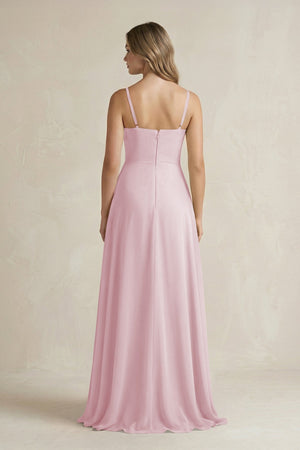 Spaghetti Strap Ruffled A - Line Chiffon Bridesmaid Dress in Candy Pink - KissProm Bridesmaid Dresses