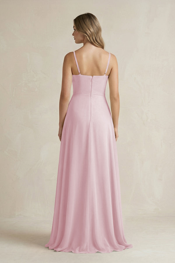 Spaghetti Strap Ruffled A - Line Chiffon Bridesmaid Dress in Candy Pink - KissProm Bridesmaid Dresses