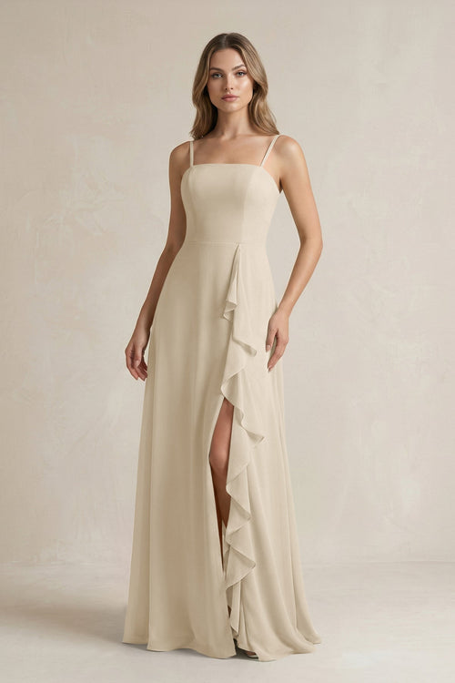 KissProm Spaghetti Strap Ruffled A-Line Chiffon Bridesmaid Dress in Champagne, Champagne / Custom Size( Free )