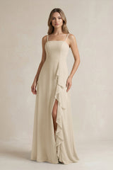 Spaghetti Strap Ruffled A - Line Chiffon Bridesmaid Dress in Champagne - KissProm Bridesmaid Dresses