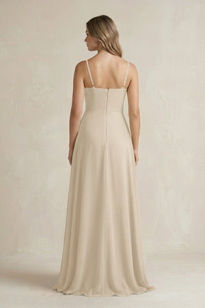 Spaghetti Strap Ruffled A - Line Chiffon Bridesmaid Dress in Champagne - KissProm Bridesmaid Dresses