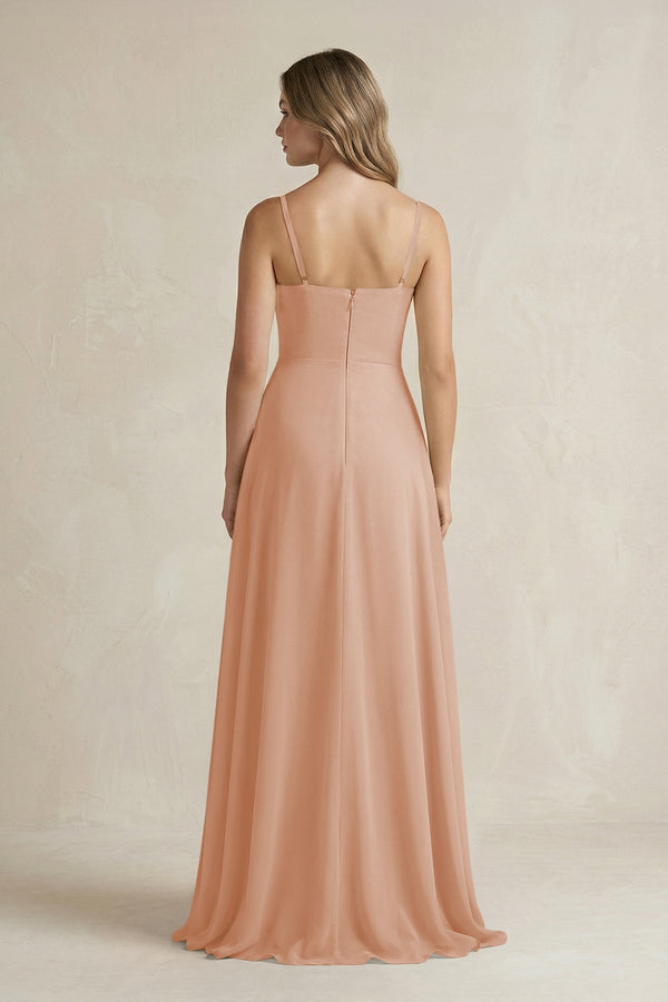 Spaghetti Strap Ruffled A - Line Chiffon Bridesmaid Dress in Champagne Rose - KissProm Bridesmaid Dresses