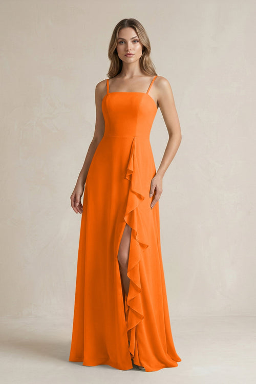 KissProm Spaghetti Strap Ruffled A-Line Chiffon Bridesmaid Dress in Cinnamon, Cinnamon / 6
