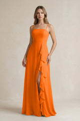 Spaghetti Strap Ruffled A - Line Chiffon Bridesmaid Dress in Cinnamon - KissProm Bridesmaid Dresses