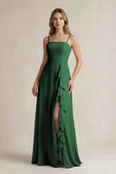 Spaghetti Strap Ruffled A - Line Chiffon Bridesmaid Dress in Dark Green - KissProm Bridesmaid Dresses