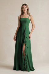 Spaghetti Strap Ruffled A - Line Chiffon Bridesmaid Dress in Dark Green - KissProm Bridesmaid Dresses