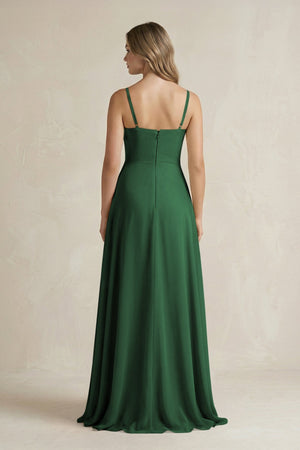 Spaghetti Strap Ruffled A - Line Chiffon Bridesmaid Dress in Dark Green - KissProm Bridesmaid Dresses