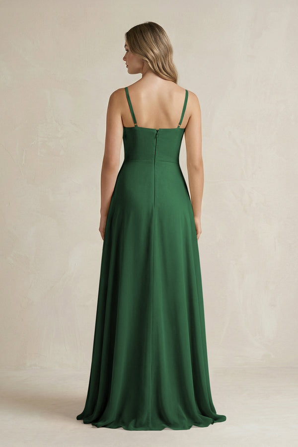 Spaghetti Strap Ruffled A - Line Chiffon Bridesmaid Dress in Dark Green - KissProm Bridesmaid Dresses