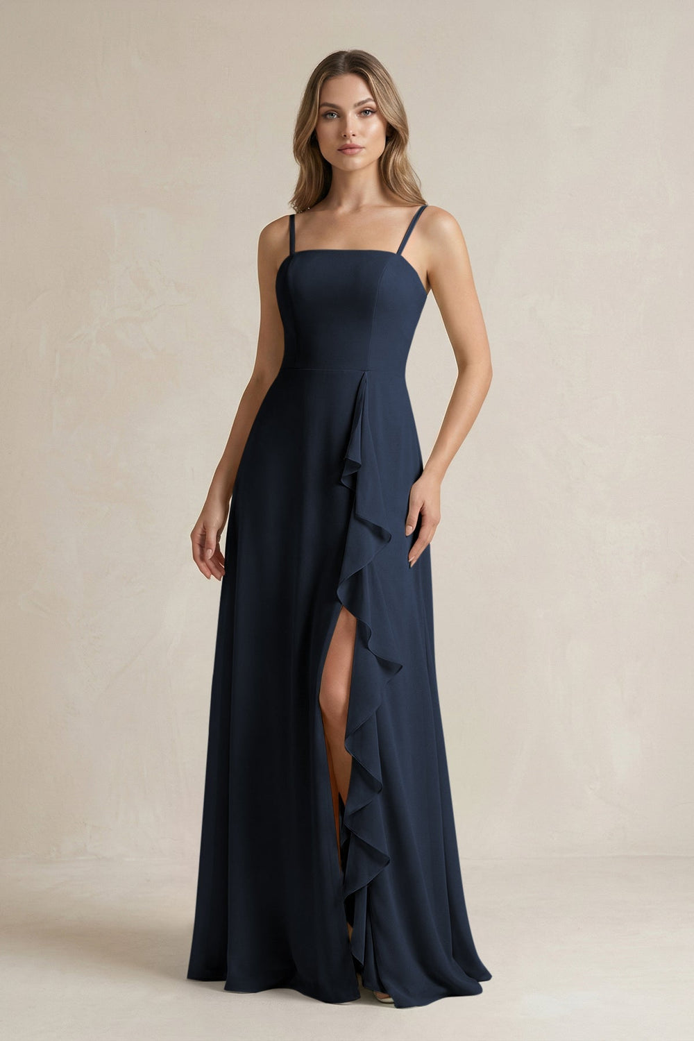 Spaghetti Strap Ruffled A - Line Chiffon Bridesmaid Dress in Dark Navy - KissProm Bridesmaid Dresses