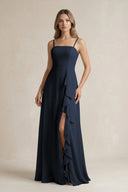 Spaghetti Strap Ruffled A - Line Chiffon Bridesmaid Dress in Dark Navy - KissProm Bridesmaid Dresses