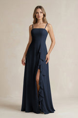 Spaghetti Strap Ruffled A - Line Chiffon Bridesmaid Dress in Dark Navy - KissProm Bridesmaid Dresses